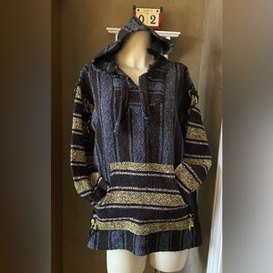 Goldcoast Sunwear‎ Mens Baja Woven Knit Hoodie L drug rug Fringe Hippy Sweater